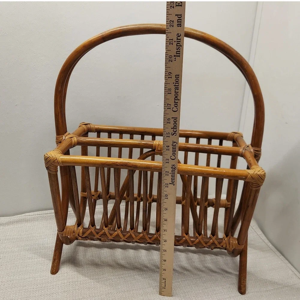 Vintage Rattan Bamboo Magazine Holder Rack Boho Style Basket Mid Century